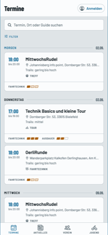 Terminliste der Vereins-App mit Touren und Trainings